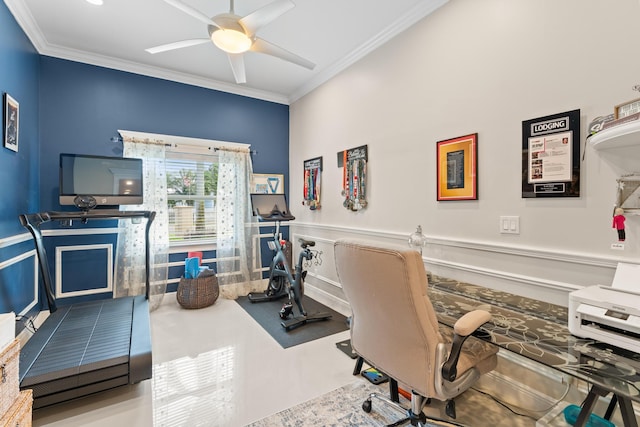 home office featuring ceiling fan and crown molding