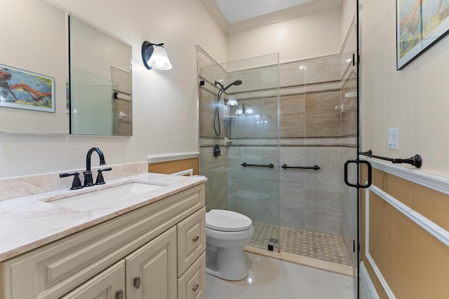 bathroom featuring tile patterned flooring, an enclosed shower, ornamental molding, vanity, and toilet