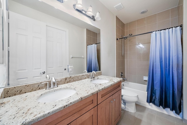 full bathroom with toilet, vanity, shower / bath combination with curtain, and tile patterned floors