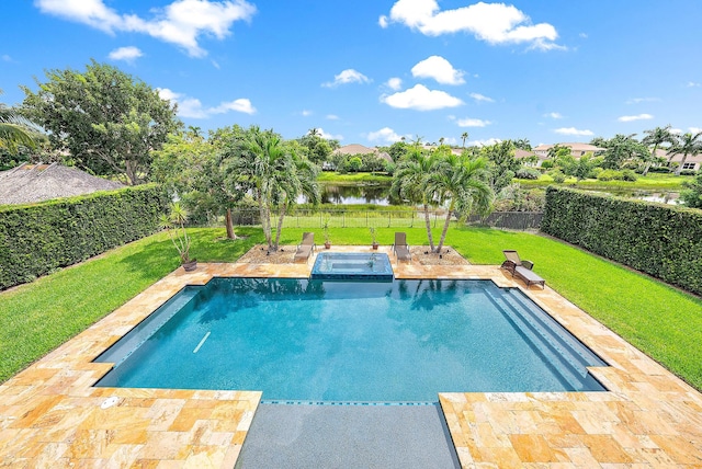 view of swimming pool with a patio, a lawn, an in ground hot tub, and a water view