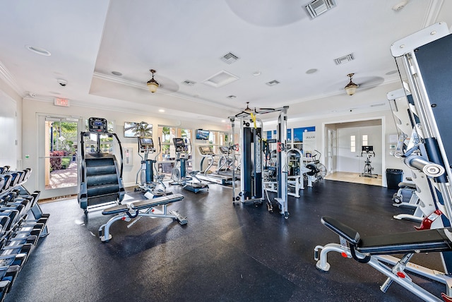 exercise room featuring ceiling fan and crown molding