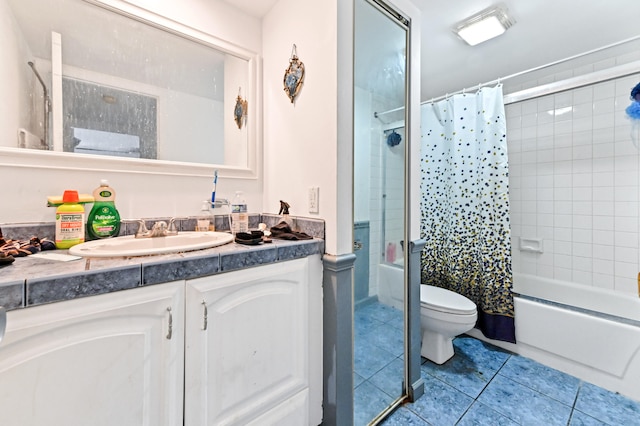 full bathroom with tile patterned flooring, vanity, toilet, and shower / tub combo with curtain