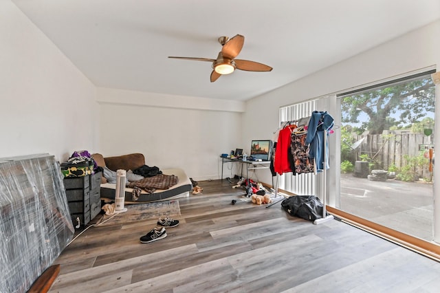 workout room featuring ceiling fan and wood-type flooring