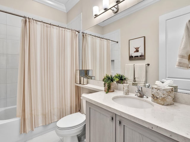 full bathroom featuring vanity, toilet, shower / bath combo with shower curtain, and crown molding