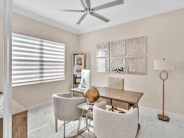 office space with ceiling fan and crown molding