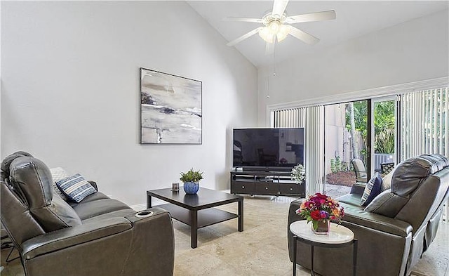 living room featuring high vaulted ceiling and ceiling fan