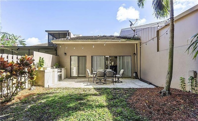 back of property with an outdoor kitchen and a patio