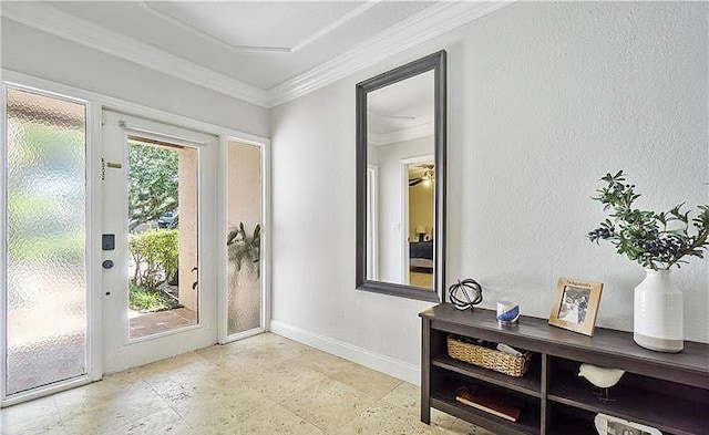 doorway featuring ornamental molding and plenty of natural light