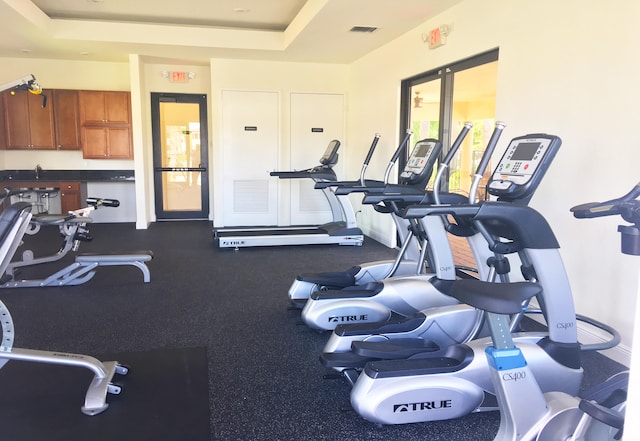 exercise room featuring a tray ceiling