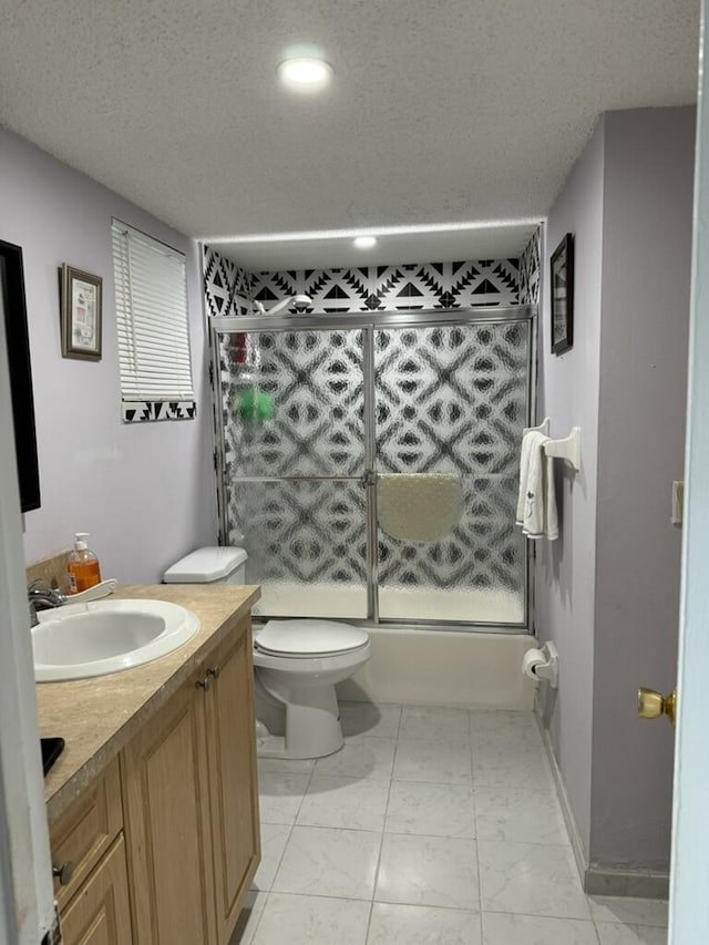 3220 Holiday Springs Blvd Unit 1-306, Margate, FL 33063 - bathroom featuring vanity, bath / shower combo with glass door, marble finish flooring, a textured ceiling, and recessed lighting
