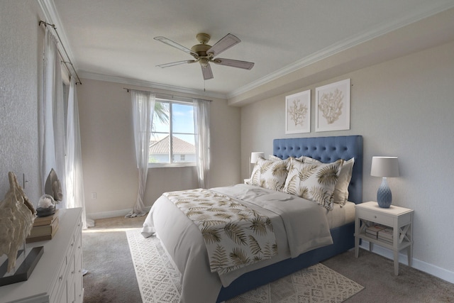 carpeted bedroom featuring ornamental molding and ceiling fan