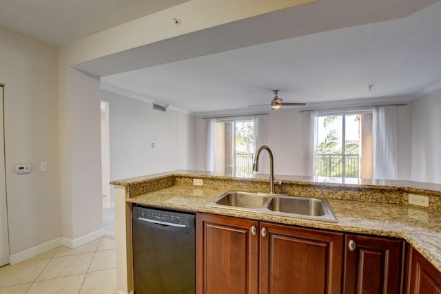 kitchen featuring light tile patterned floors, dishwasher, light stone countertops, sink, and ceiling fan