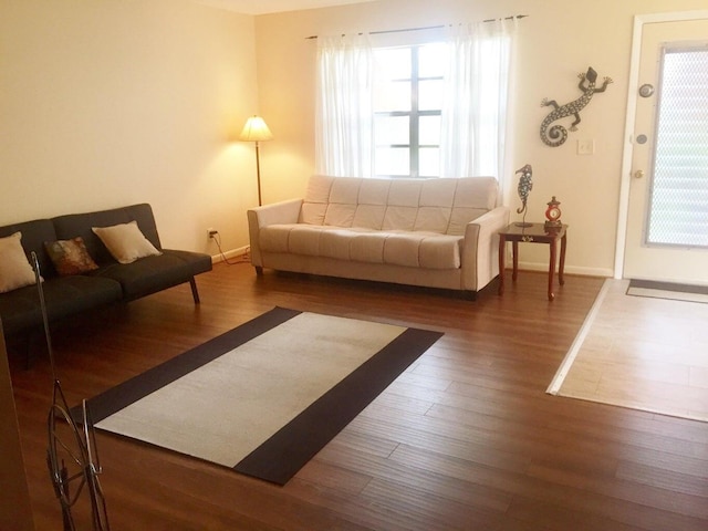 living room with dark hardwood / wood-style flooring