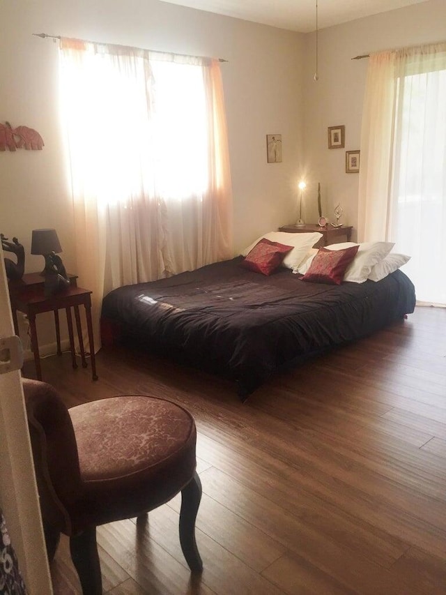 bedroom featuring dark wood-type flooring and multiple windows