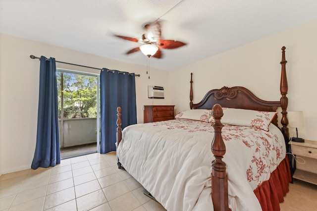 tiled bedroom featuring a wall mounted AC, a textured ceiling, access to outside, and ceiling fan