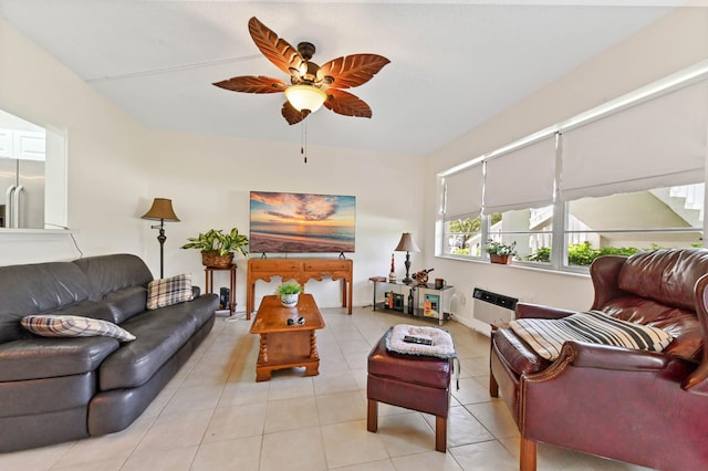 tiled living room with ceiling fan