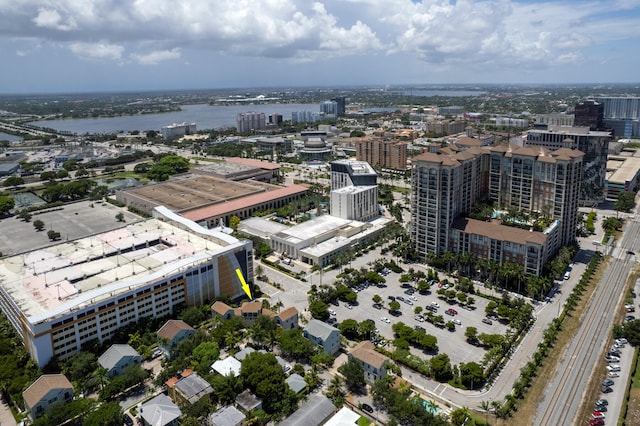 drone / aerial view with a water view