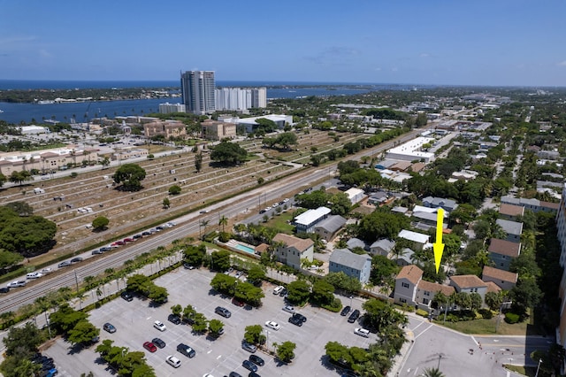 aerial view featuring a water view