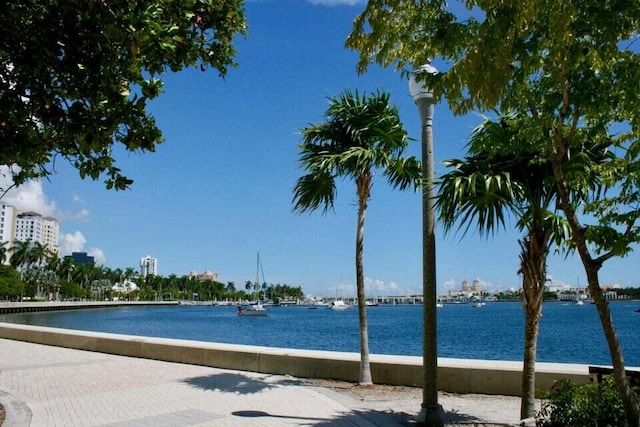 view of swimming pool featuring a water view