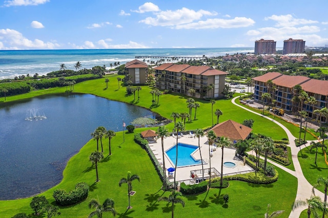 aerial view featuring a water view