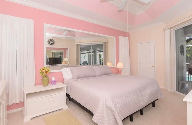 bedroom with light carpet, a ceiling fan, access to exterior, and crown molding