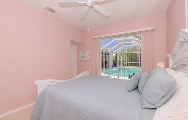 bedroom with ceiling fan, a sunroom, visible vents, and access to exterior