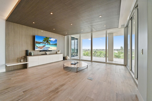 living room with light wood-type flooring and expansive windows