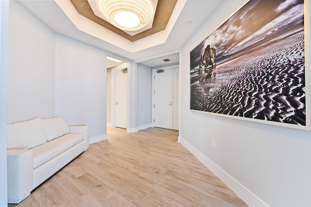 hall with a tray ceiling and light hardwood / wood-style flooring