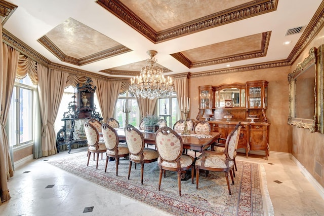 dining room featuring an inviting chandelier, a wealth of natural light, coffered ceiling, and ornamental molding