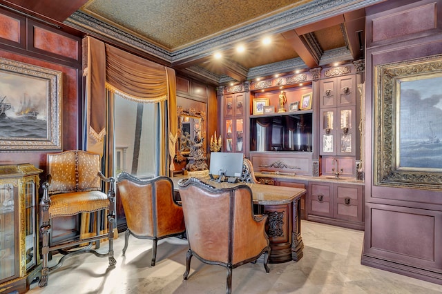 bar with ornamental molding, beamed ceiling, coffered ceiling, and sink