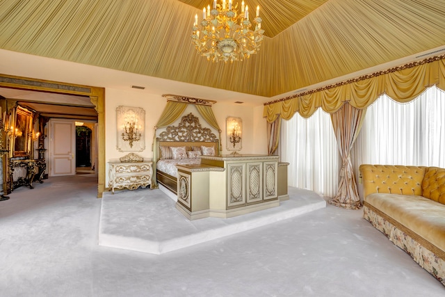 interior space with light carpet, a chandelier, and high vaulted ceiling