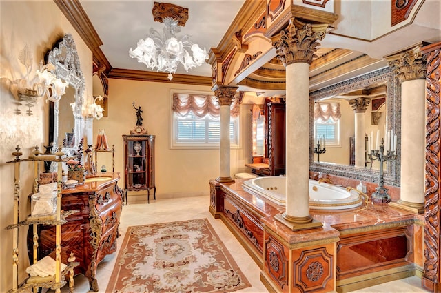 bathroom with vanity, ornate columns, crown molding, a bath, and tile patterned floors