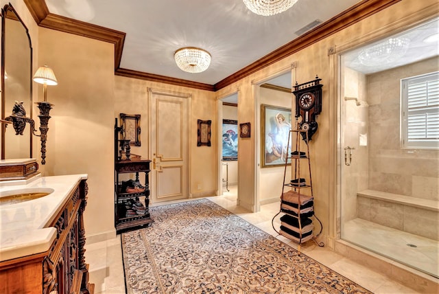 bathroom featuring vanity, tile patterned flooring, ornamental molding, and a shower with door