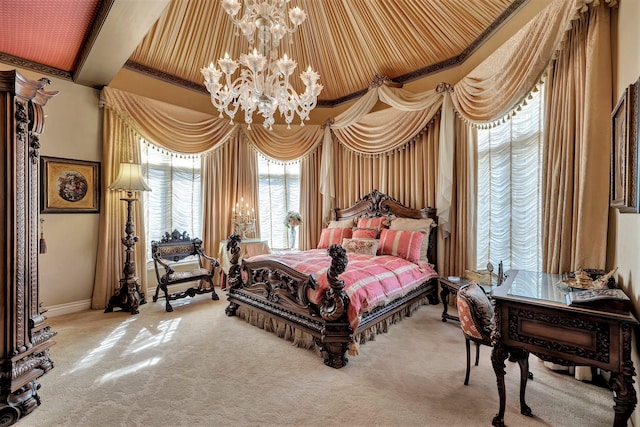 carpeted bedroom with a notable chandelier, crown molding, and wooden ceiling