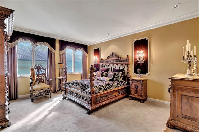 bedroom featuring light carpet and crown molding