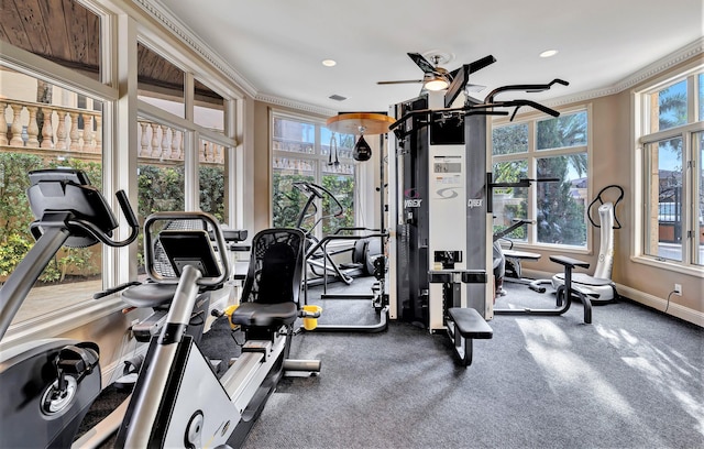 workout area with ornamental molding, a wealth of natural light, and ceiling fan