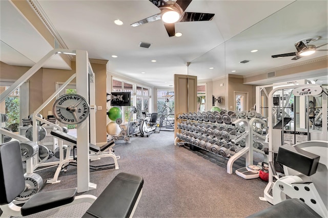 workout area with crown molding and ceiling fan