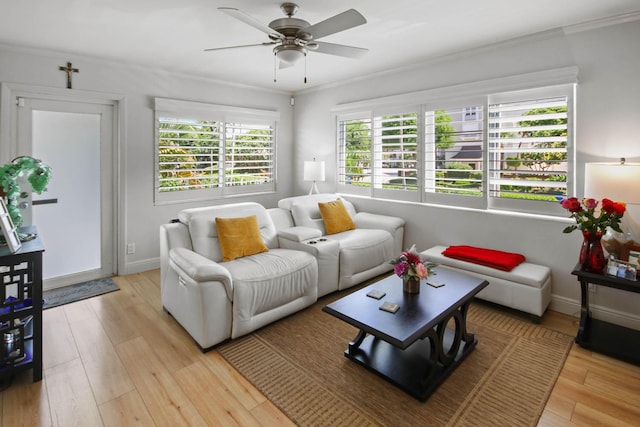 living area featuring light wood finished floors, baseboards, a ceiling fan, and ornamental molding