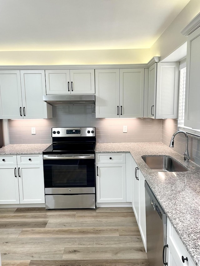 kitchen featuring light wood-style flooring, a sink, under cabinet range hood, tasteful backsplash, and appliances with stainless steel finishes