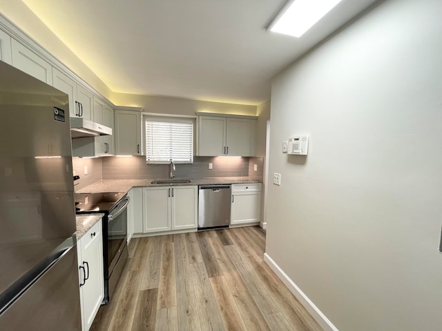 kitchen featuring appliances with stainless steel finishes, light hardwood / wood-style flooring, sink, and decorative backsplash