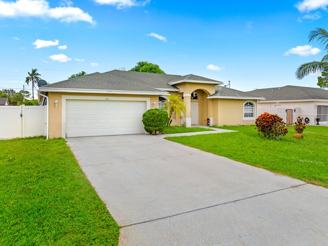 view of front of property with a garage and a front lawn