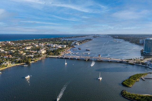 bird's eye view with a water view