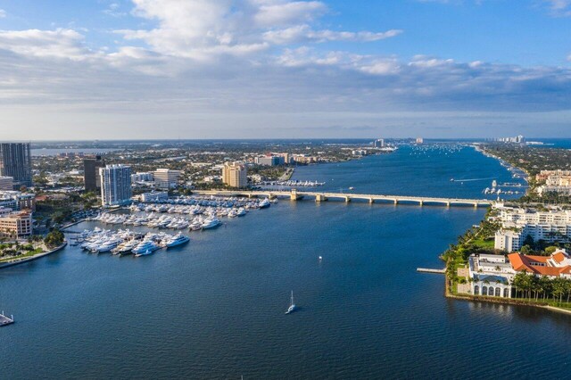 drone / aerial view featuring a water view