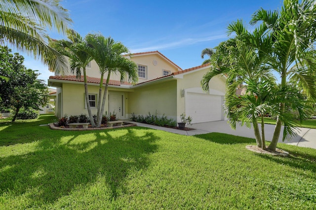 view of front facade featuring stucco siding, a front yard, an attached garage, and a tiled roof