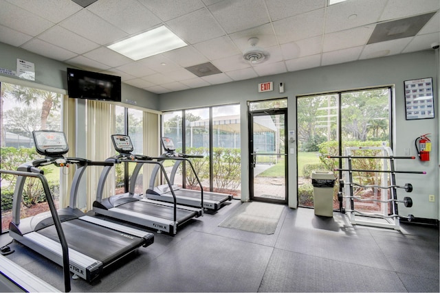 exercise room with plenty of natural light and a drop ceiling