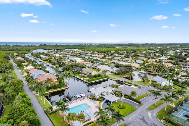 drone / aerial view featuring a water view