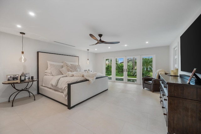 bedroom with ceiling fan, french doors, and access to outside