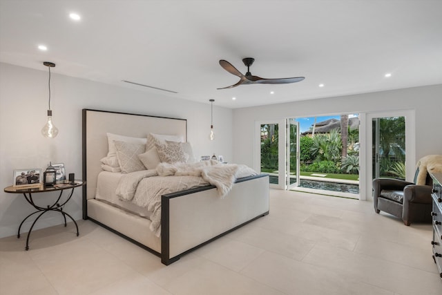 bedroom featuring ceiling fan and access to exterior