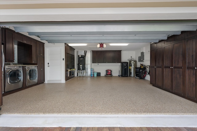 garage with washer and dryer, electric panel, and electric water heater