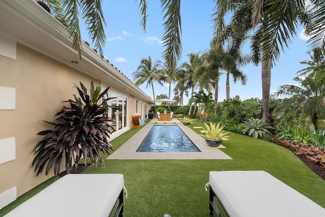 view of pool featuring french doors, a yard, and a patio